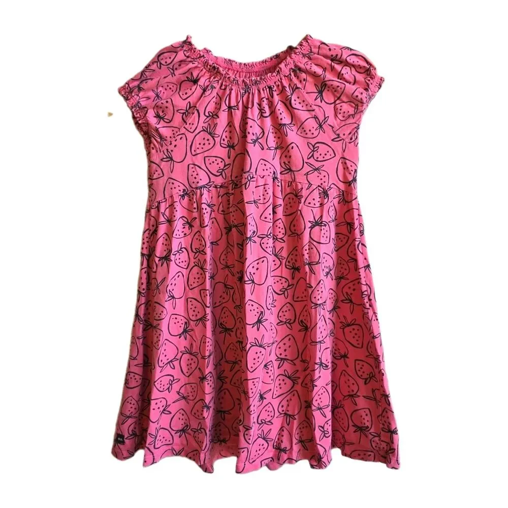 Tea Collection 8 pink dress allover black strawberry print pleated empire waist